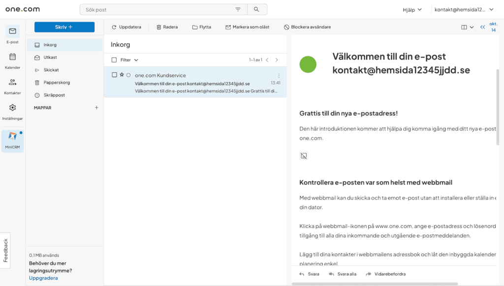 One.com företagsmail inkorg
